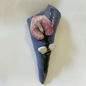 Vintage Majolica Style Floral Wall Pocket Planter Ceramic anthurium bee Signed